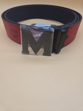 MCM Red Logo Strap Belt with Black 'M' Buckle